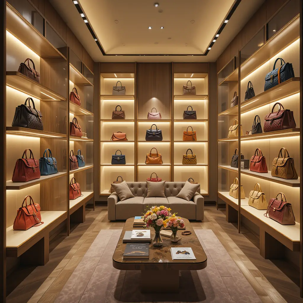 Luxury Designer Handbag Showroom With Warm Golden Interior