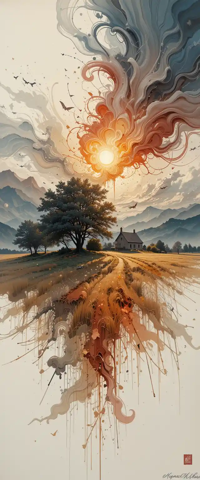 Rye field landscape with farmhouse at red sunset