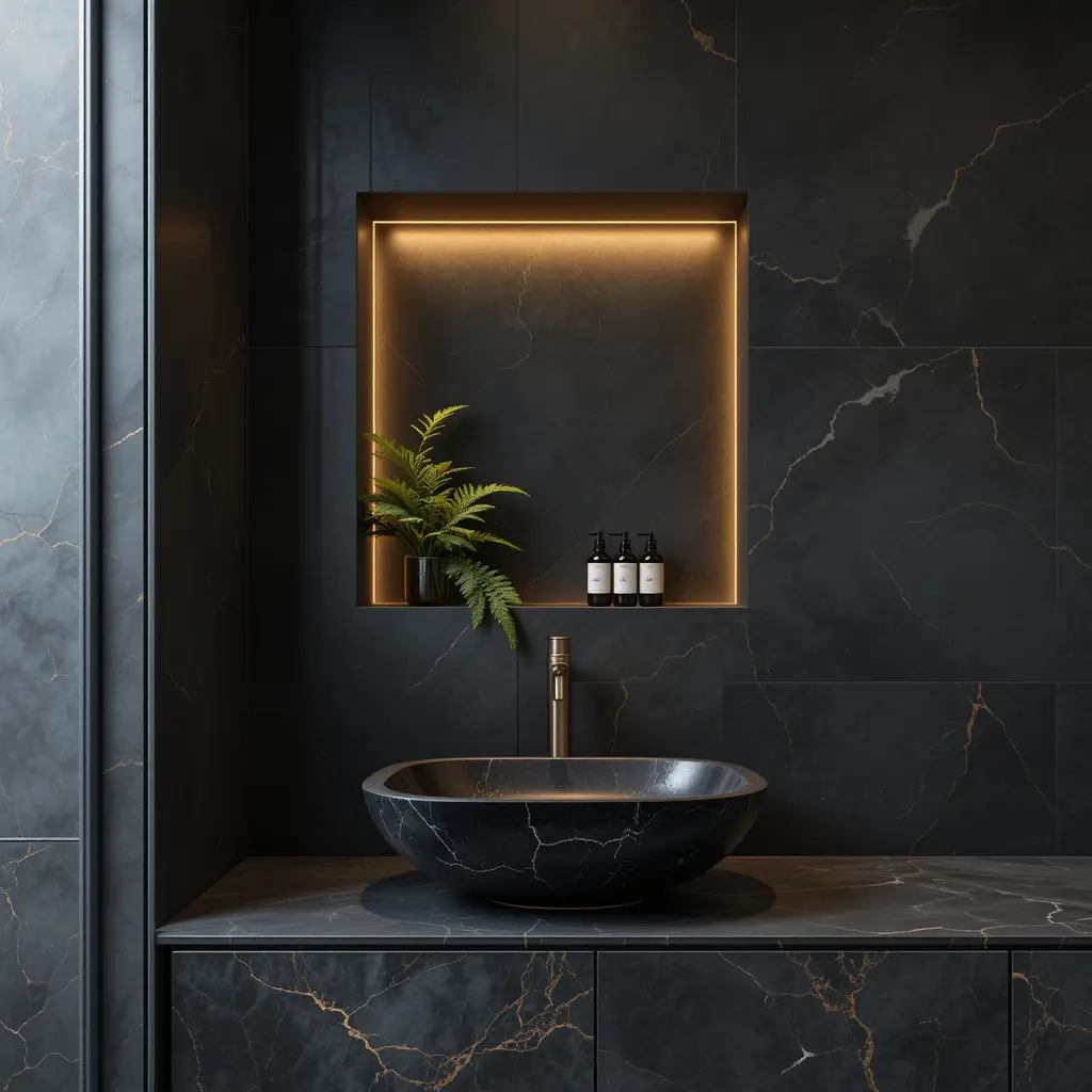Dark modern bathroom with black tiles and stone sink