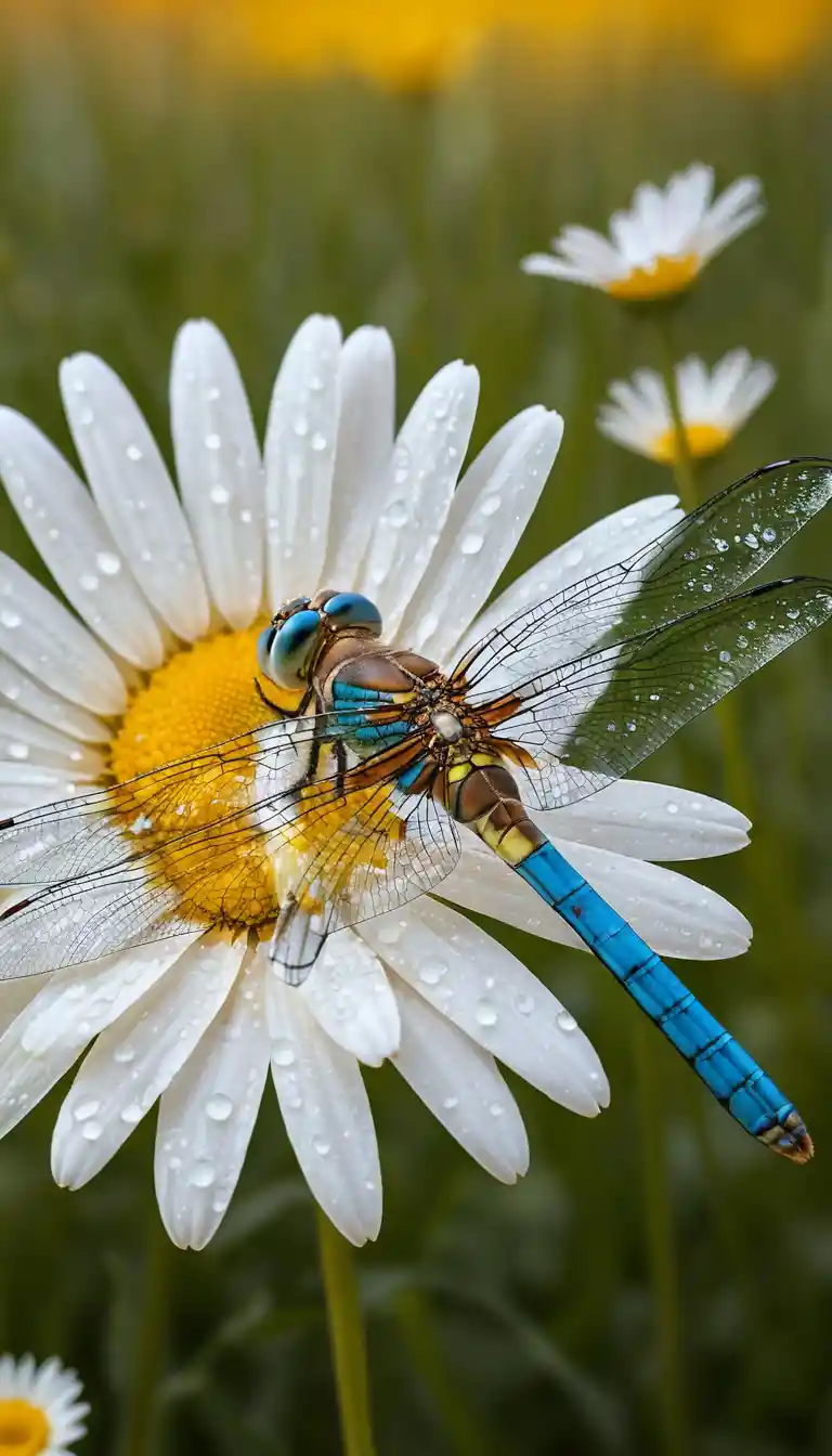 Dragonfly Resting On Dewy Daisy In Wildflower Field