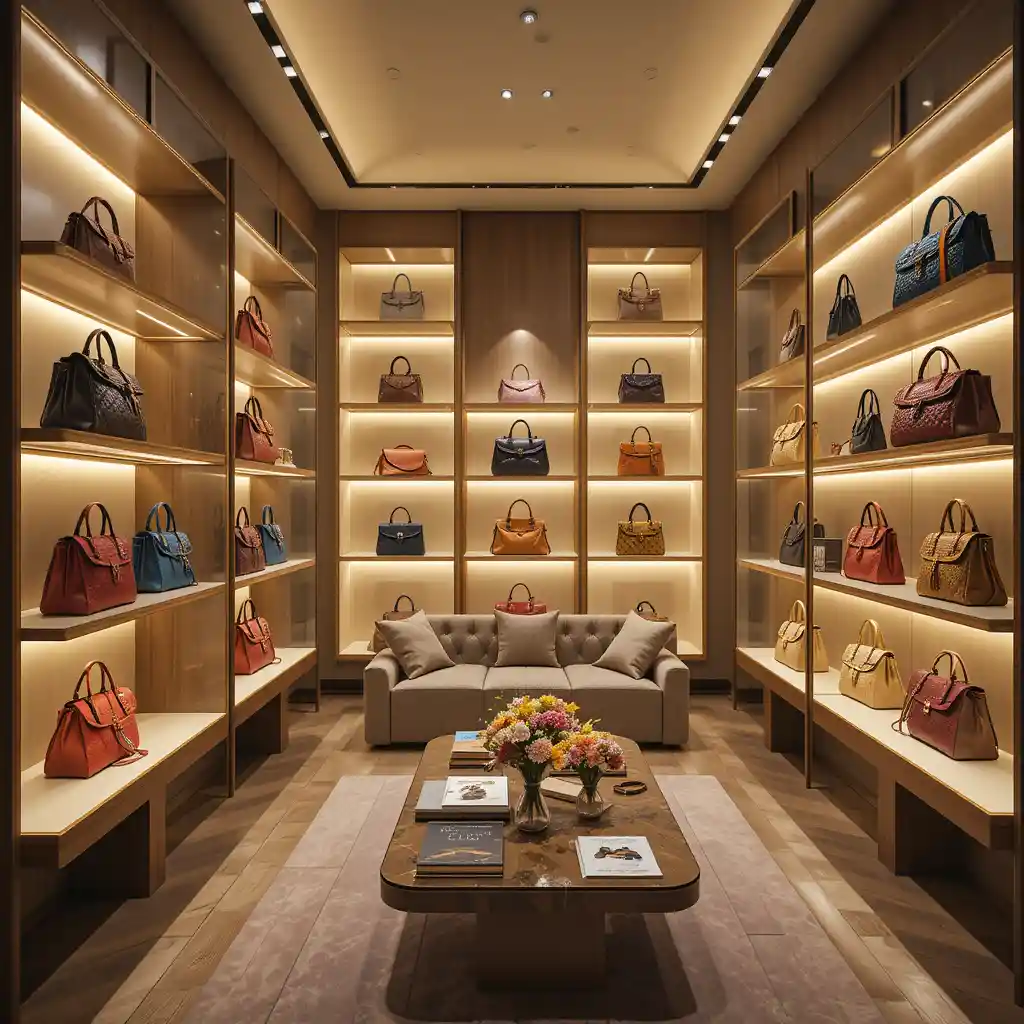 Luxury Designer Handbag Showroom With Warm Golden Interior