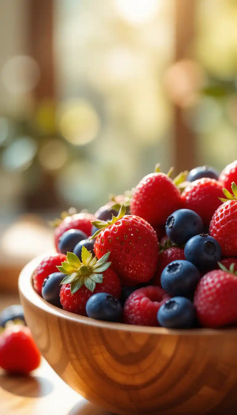 Close up wooden bowl of fresh mixed berries in sunlight