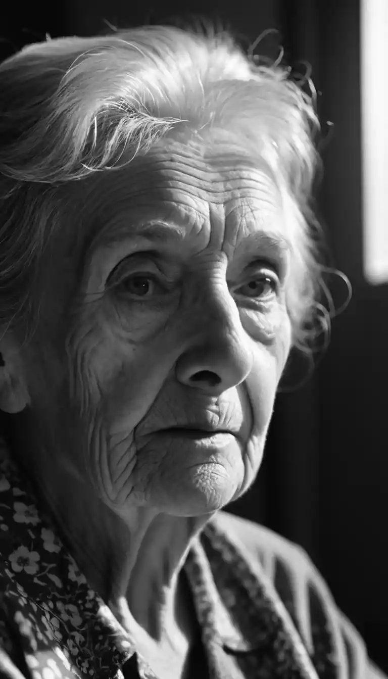 Analog close up portrait of an elderly woman in sunlight