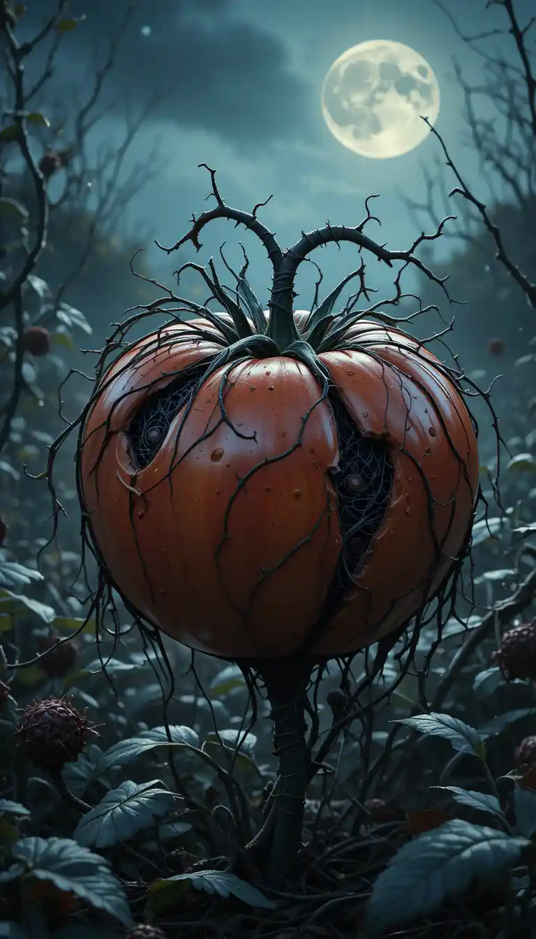 Rotten tomato in a dark moonlit garden scene