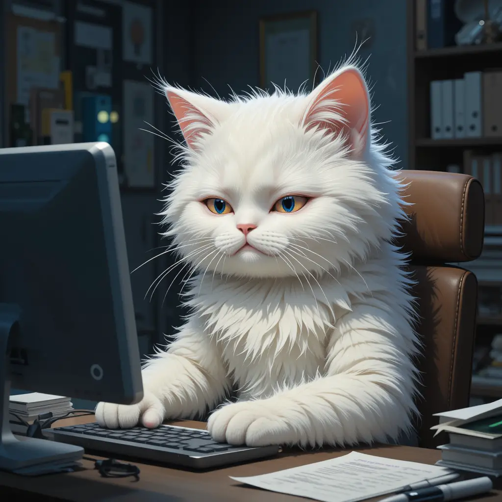 Tired anthropomorphic white cat working late in dark office