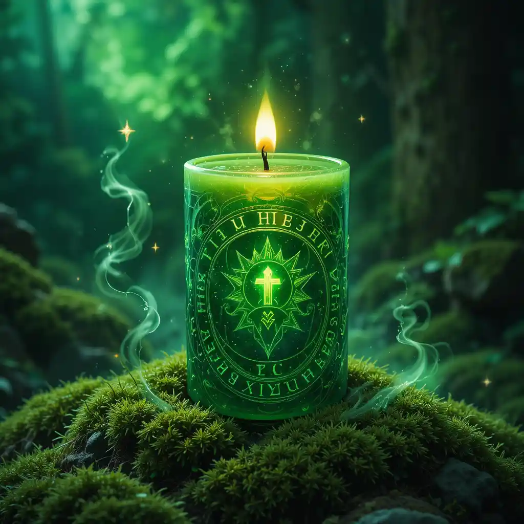 Enchanted rune candle glowing on lush moss