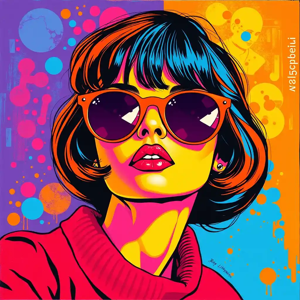 Pop art girl with reflective glasses on abstract background