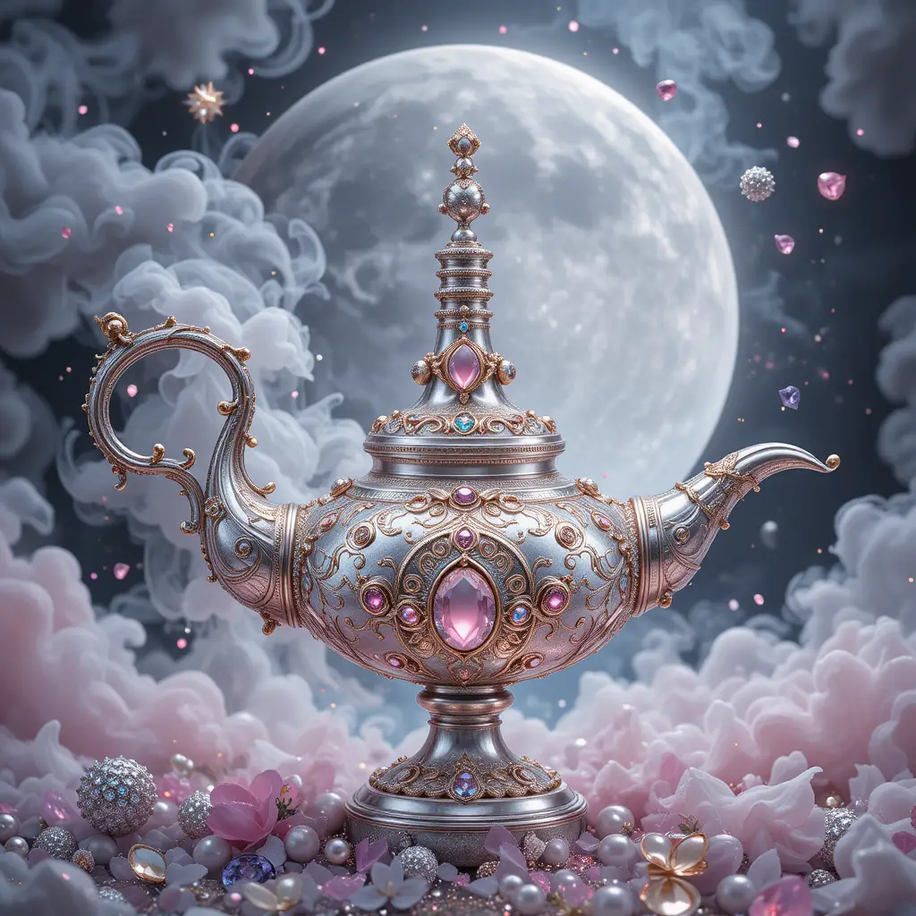 Luxury silver genie lamp digital illustration with gems