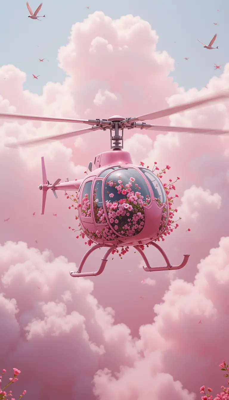Pink floral mechanical helicopter in soft pastel sky