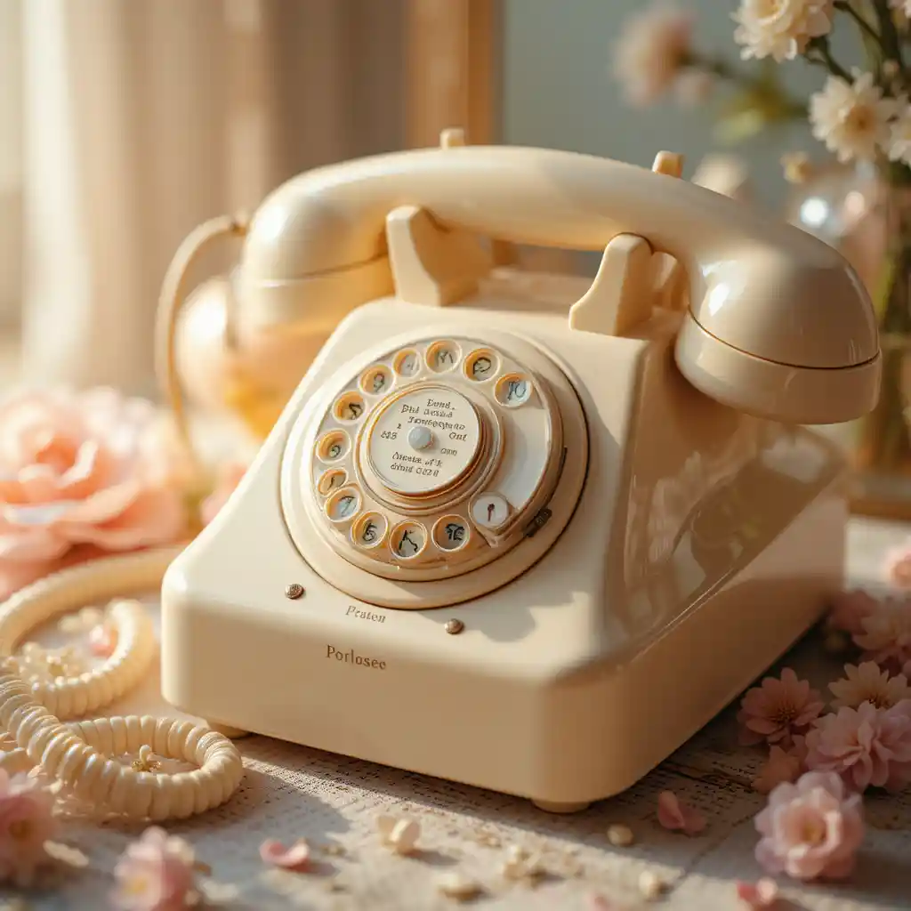 Vintage beige rotary phone in dreamy close up scene