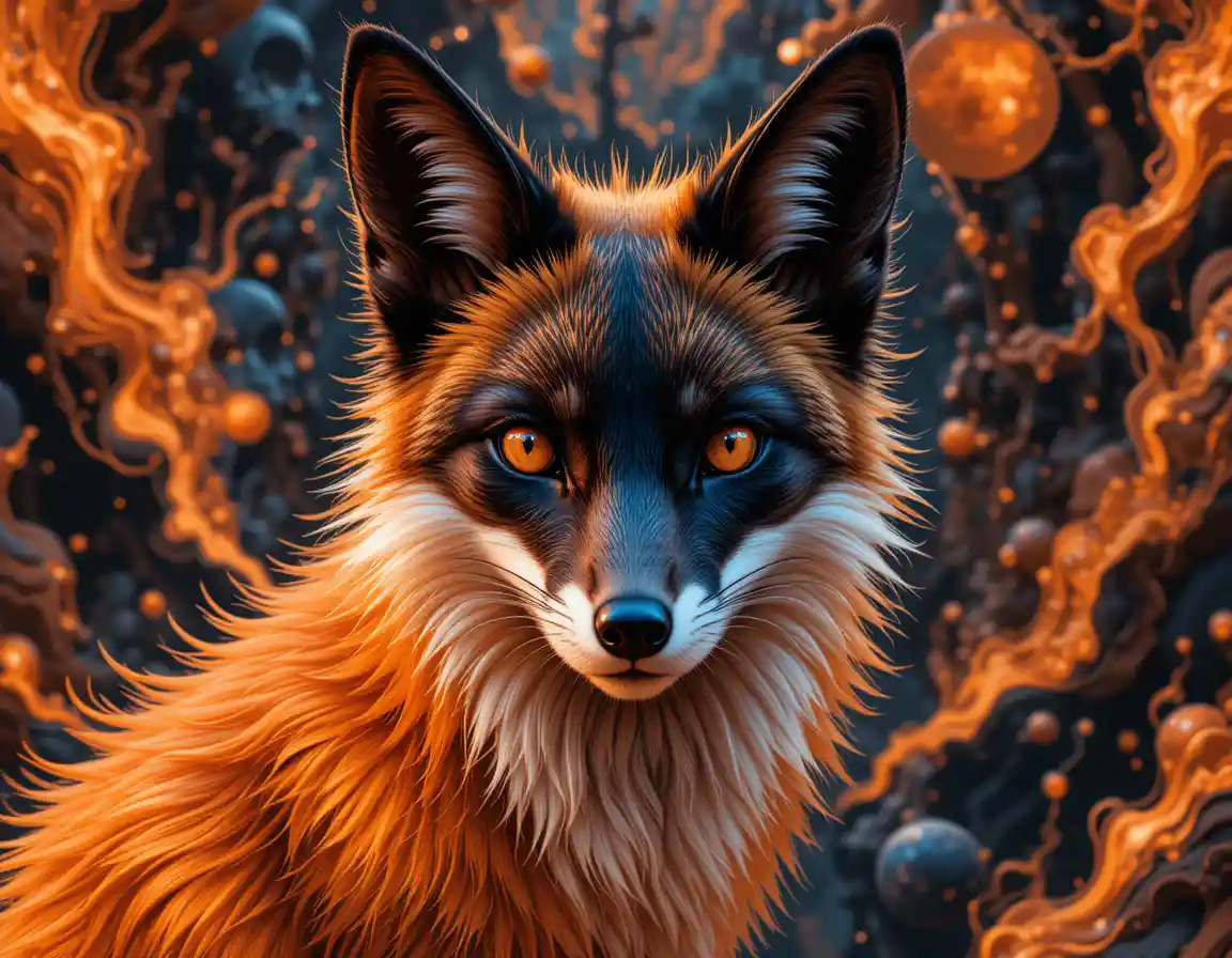 Melanistic fox with psychedelic abstract colorful background