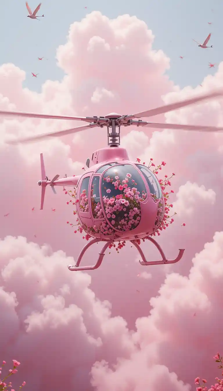 Hélicoptère mécanique rose à motifs floraux dans un ciel pastel doux