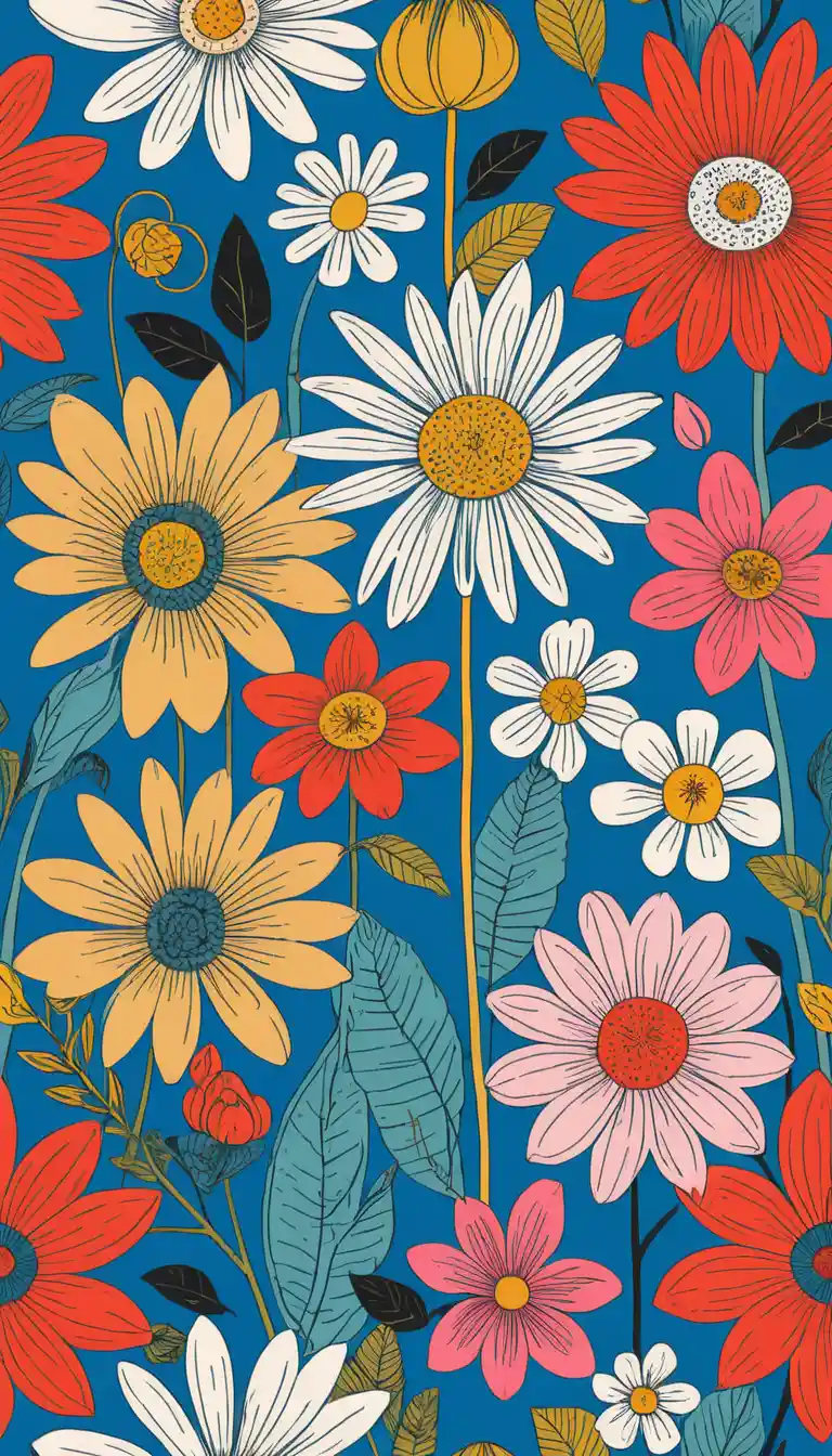 Colorful graphic flowers on a bright blue abstract background