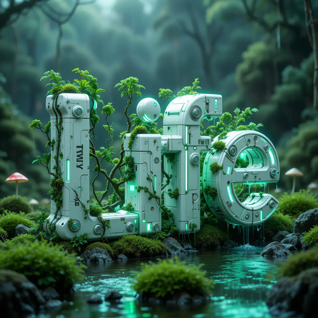 Futuristic 3D Robotic Life Text With Water And Nature