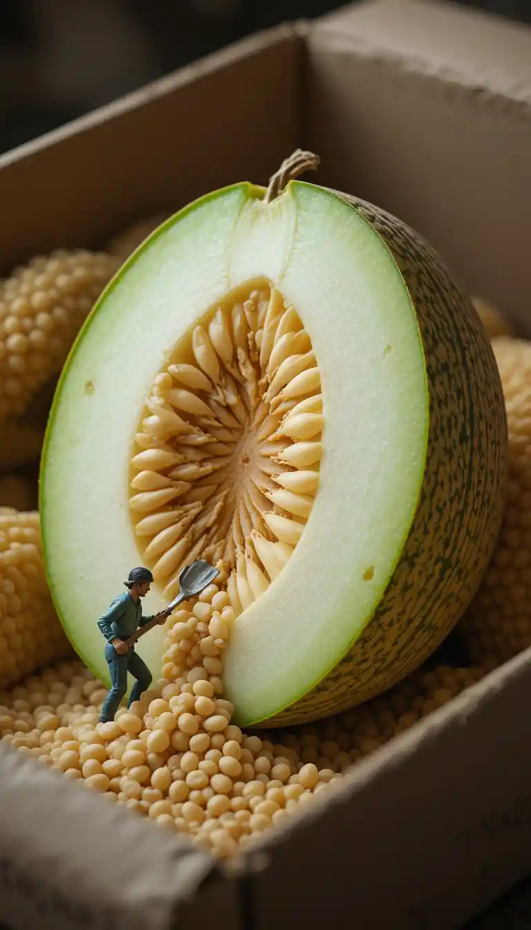 Macro view of farmer figurine digging seeds from melon