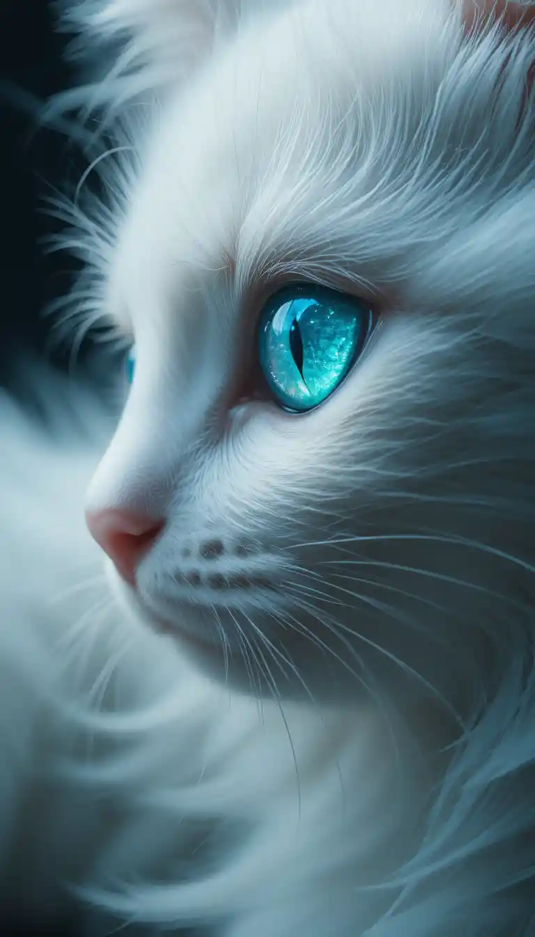 White kitten close up with luminous blue green eye
