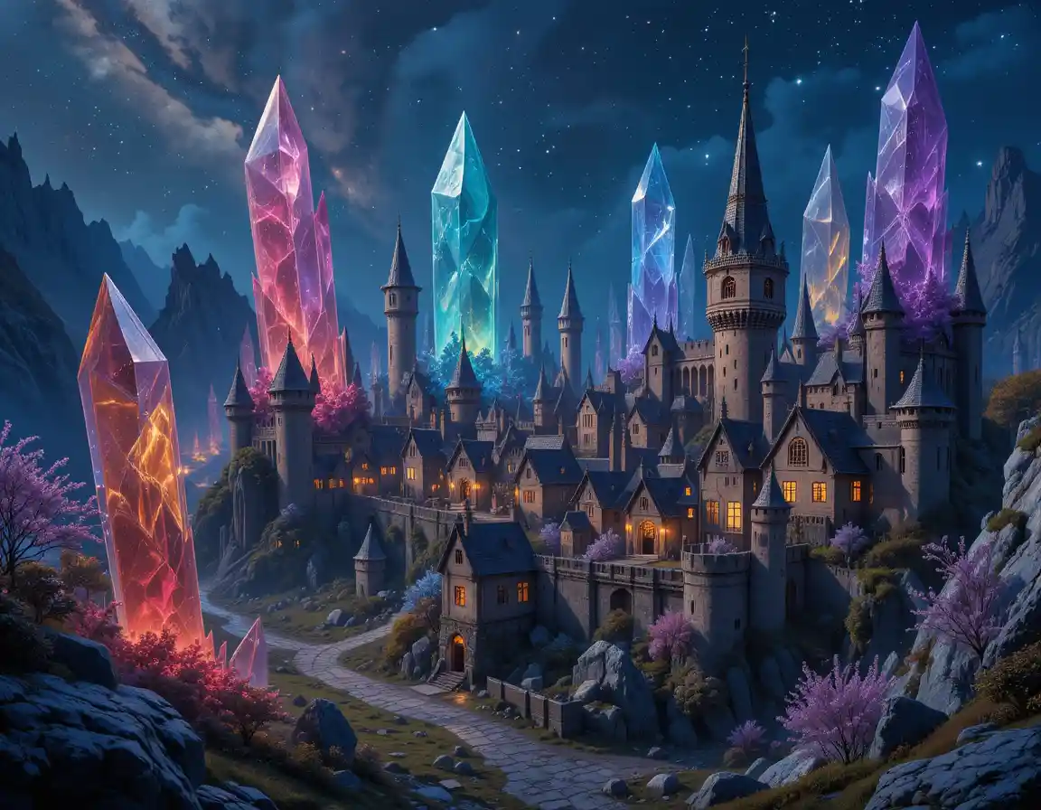 Medieval village overrun by giant crystals under starry sky