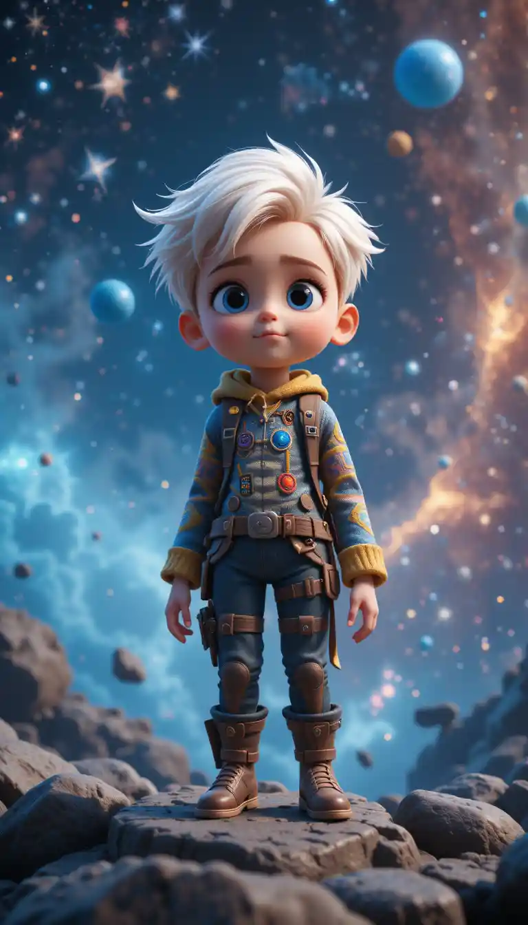 White haired adventure boy exploring a whimsical universe