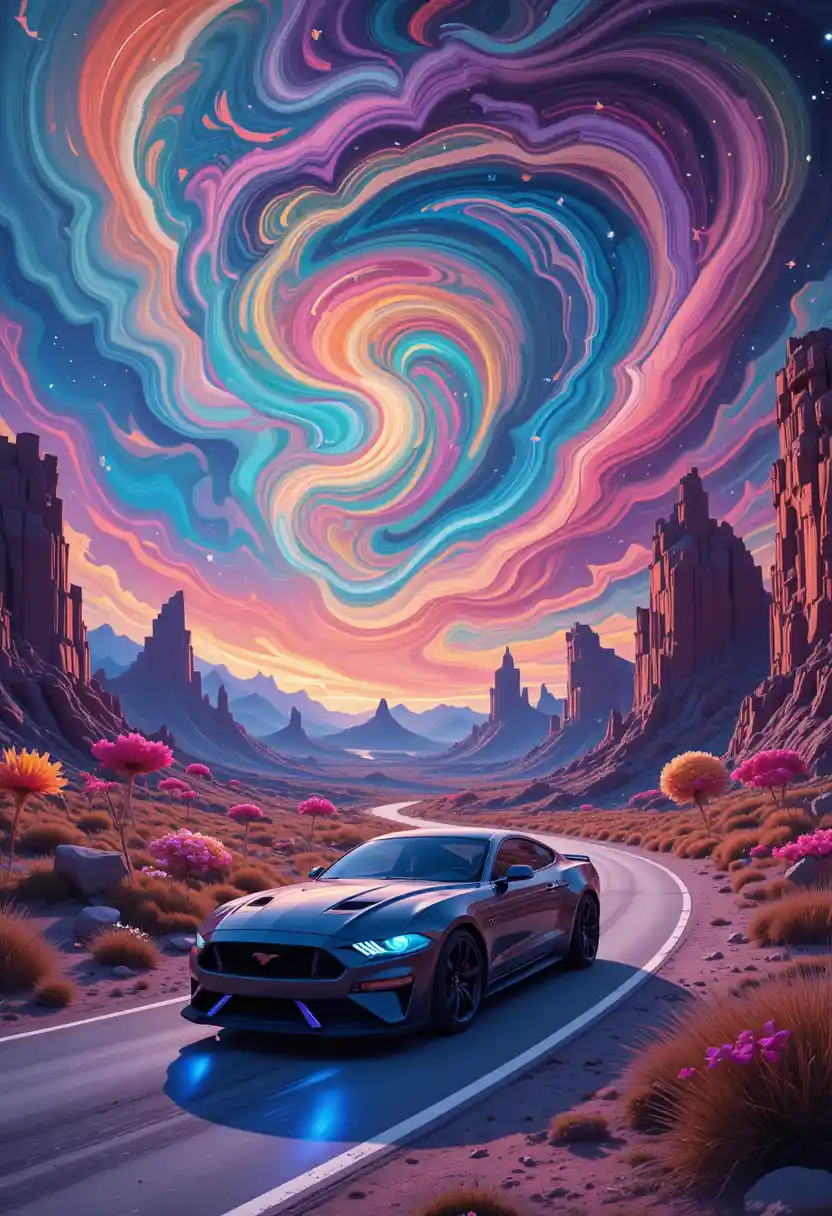 Futuristic sports car racing through surreal painted sky