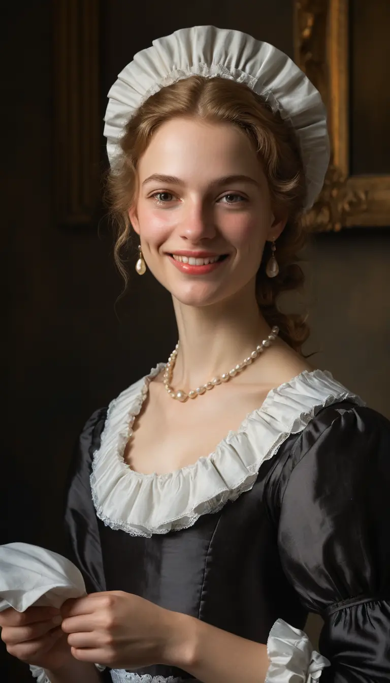 Smiling maid in serene baroque style portrait painting