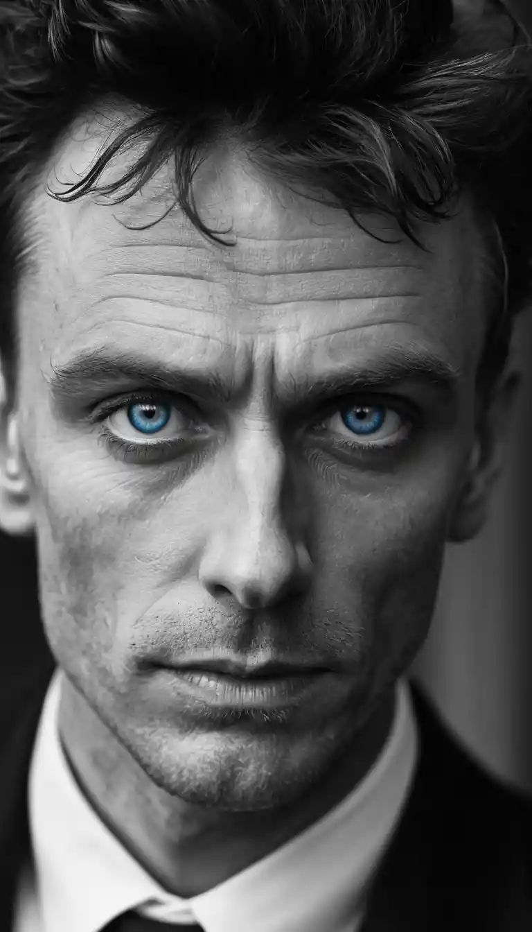 Eerie black and white portrait of a gaunt man