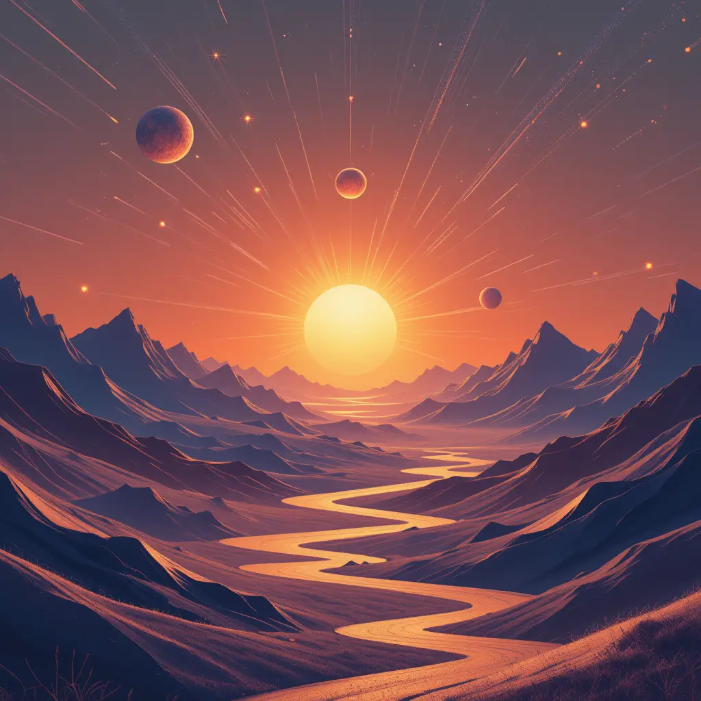 Minimalist cosmic landscape of evolving abstract geometric forms