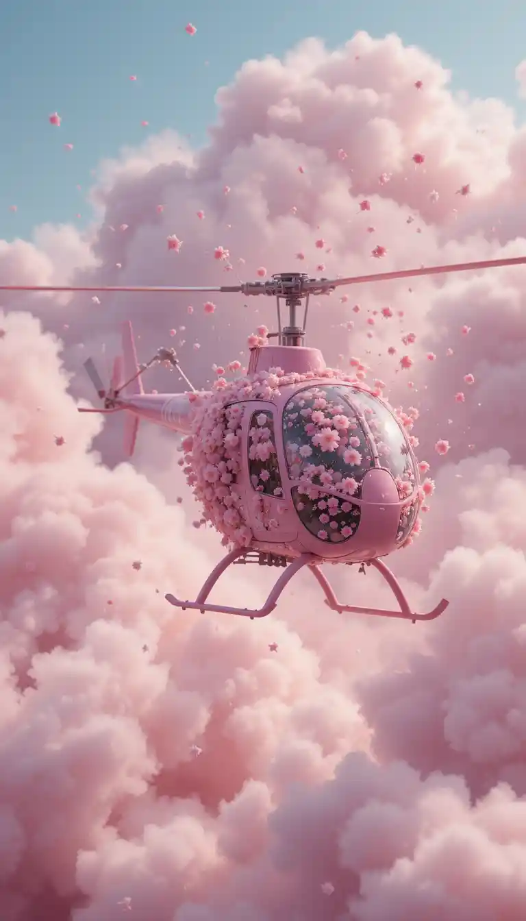 Primo piano di elicottero meccanico rosa con fiori fluttuanti