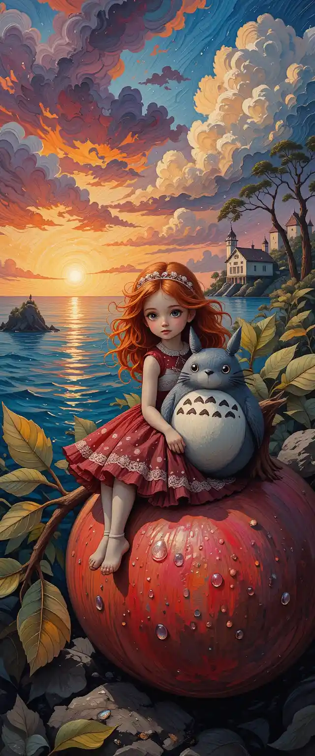 Tiny ginger haired fairy girl on giant pomegranate