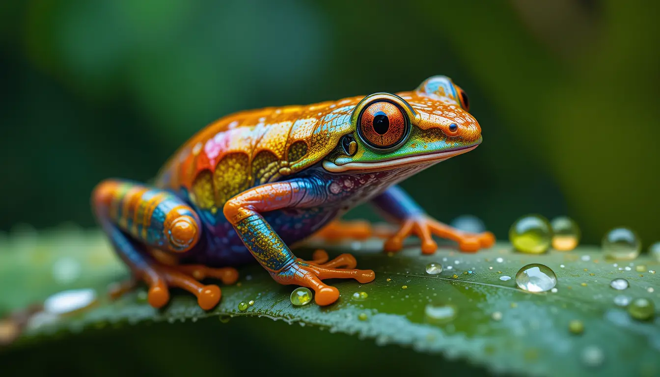 Vibrant stained glass frog resting on dewy leaf