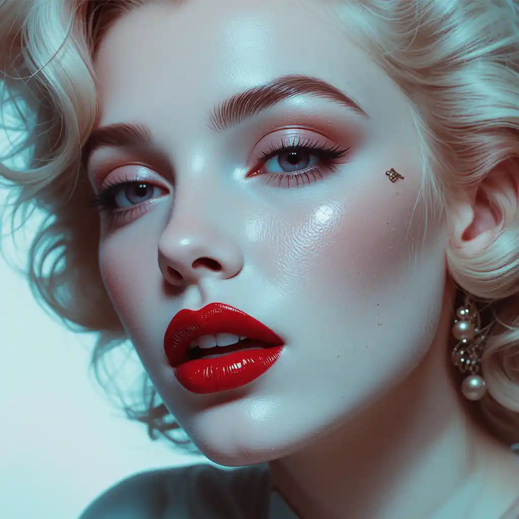 Hyperrealistic portrait of a blonde woman with red lips