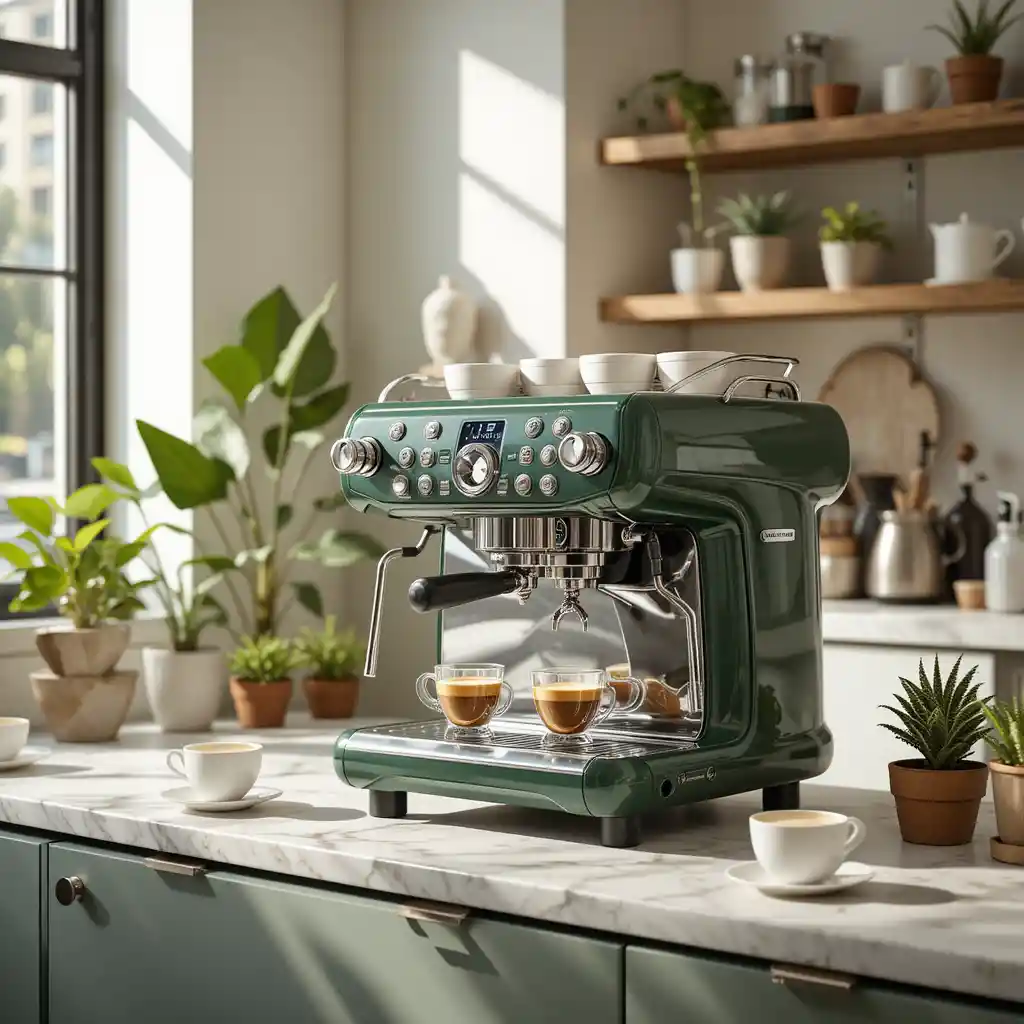 Modern green espresso machine on bright kitchen counter