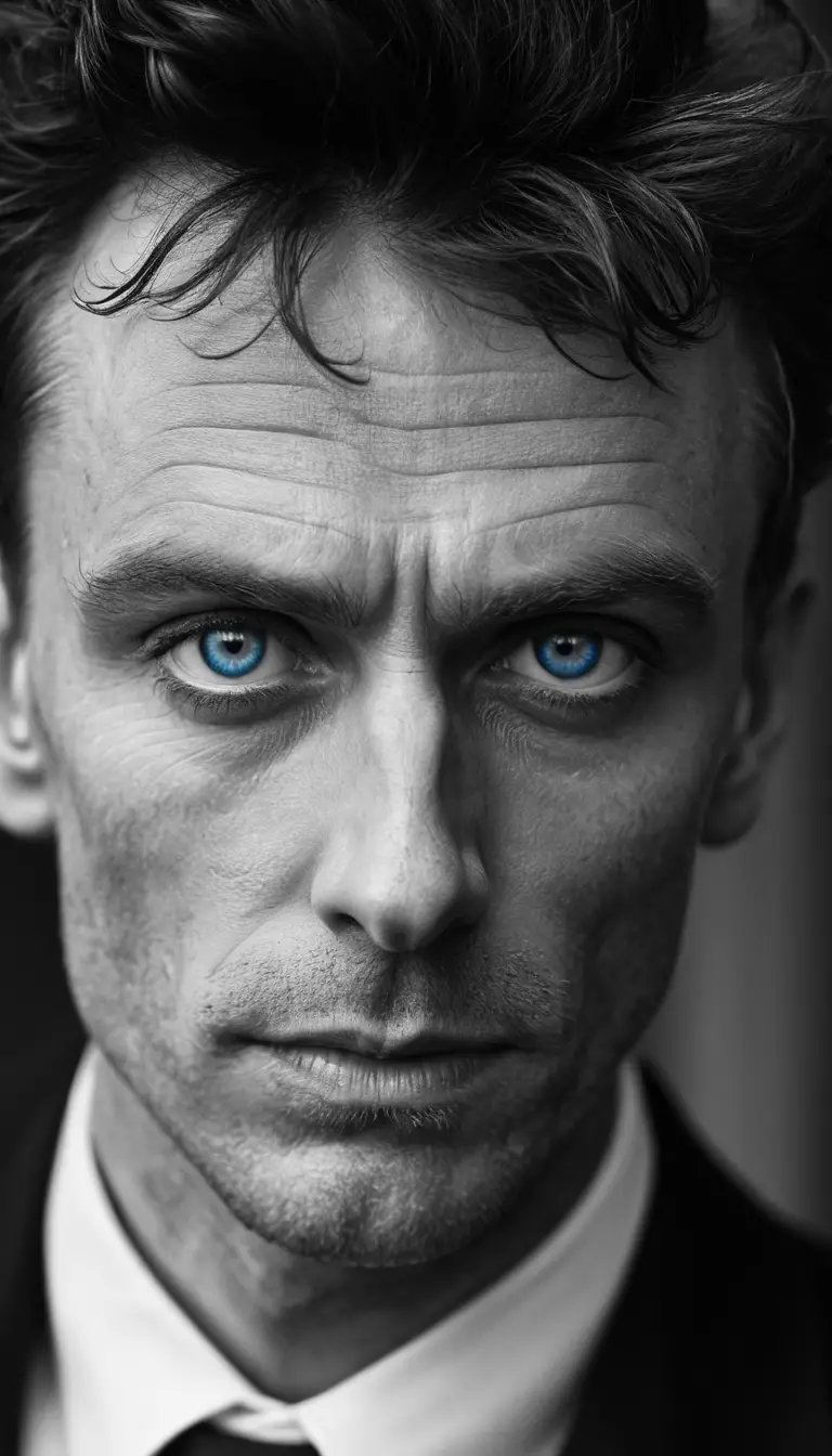 Eerie black and white portrait of a gaunt man