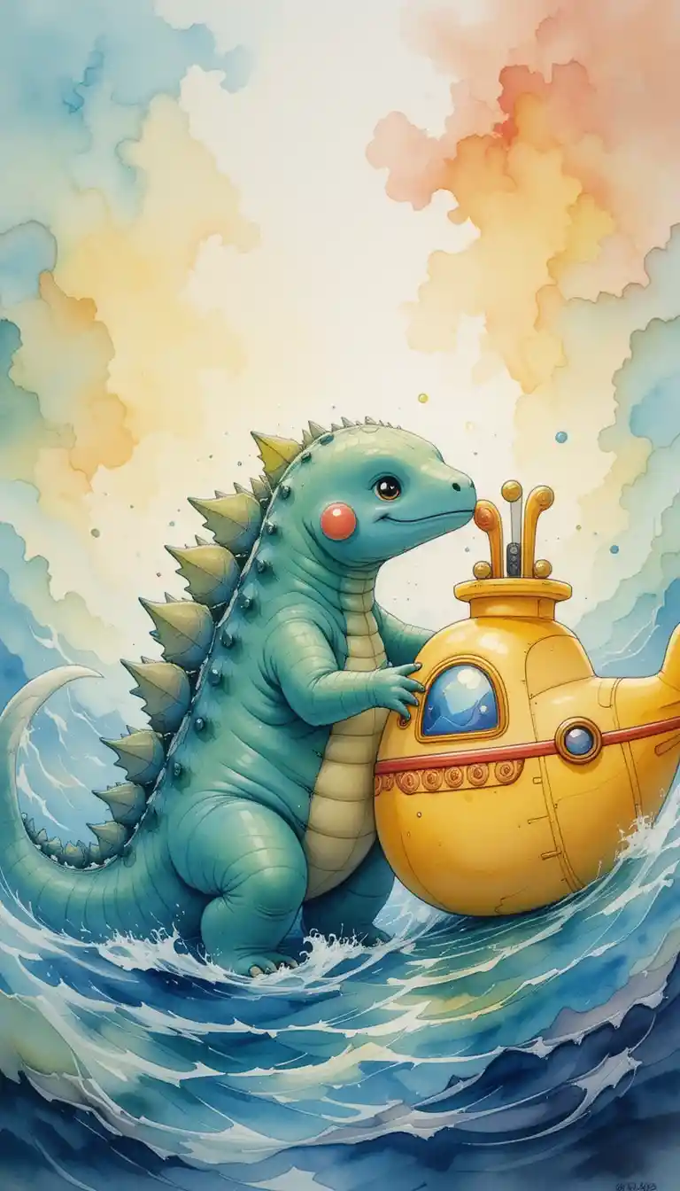 Kawaii baby monster with yellow submarine watercolor scene