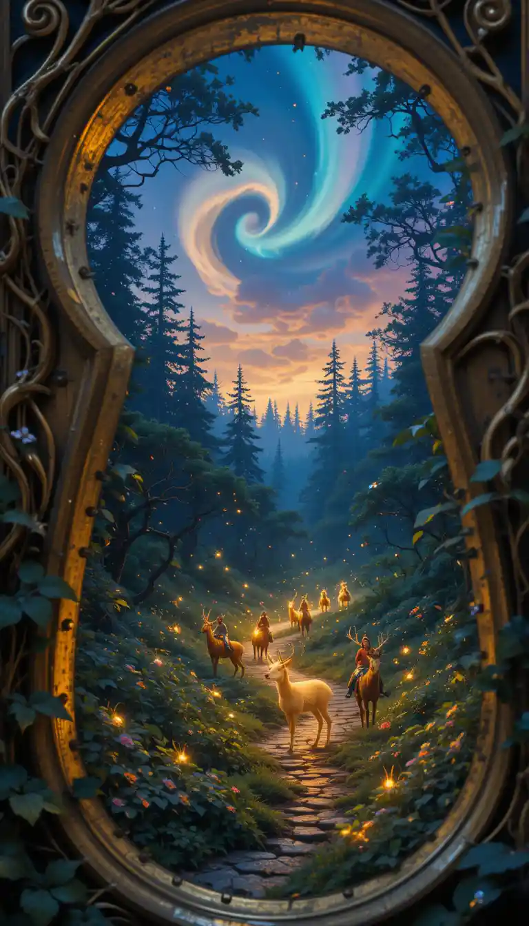 Vintage keyhole window into a glowing enchanted forest