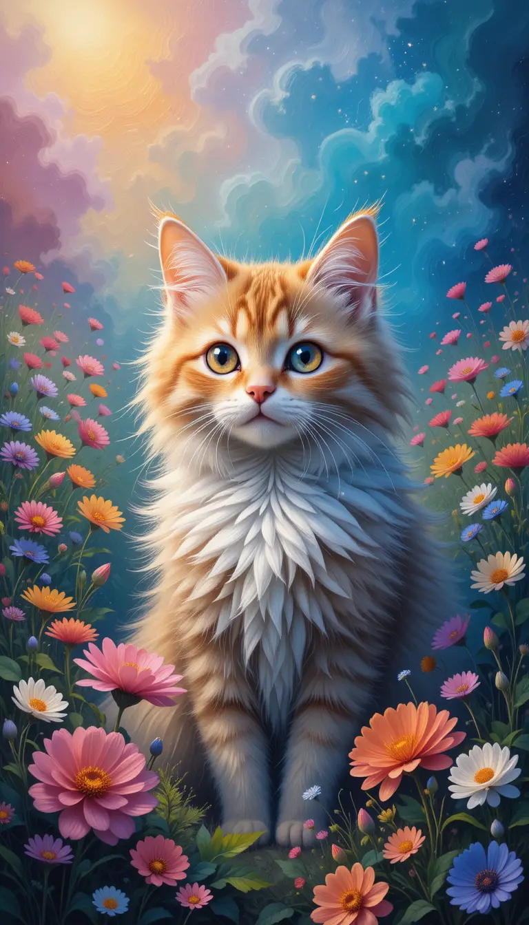 Fluffy cat in a rainbow meadow oil painting scene