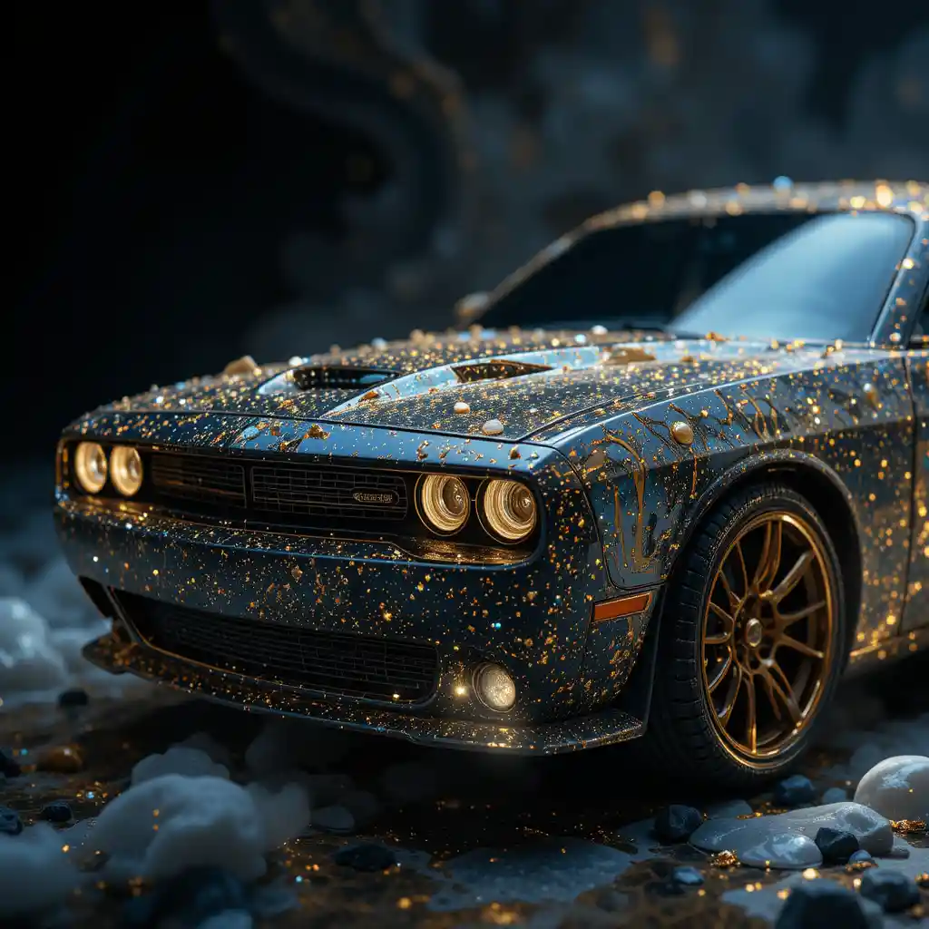 Opal car sculpture with luminous galaxies and dark void