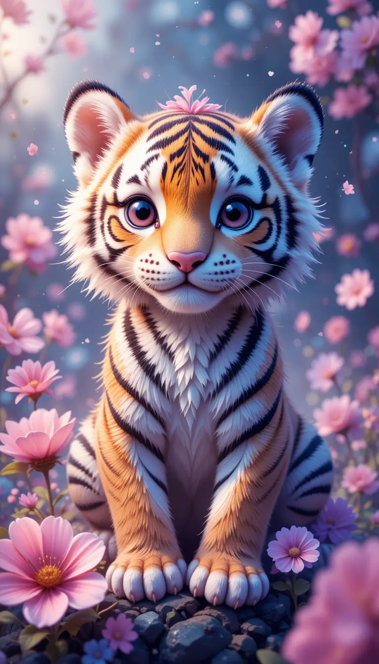 Cute baby tiger illustration with pastel fantasy flowers