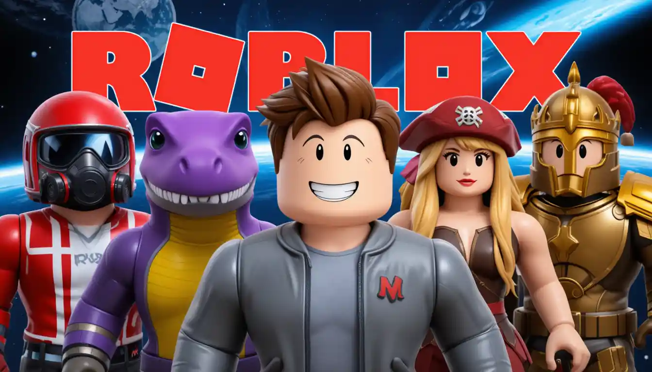 Roblox style avatars floating in colorful outer space