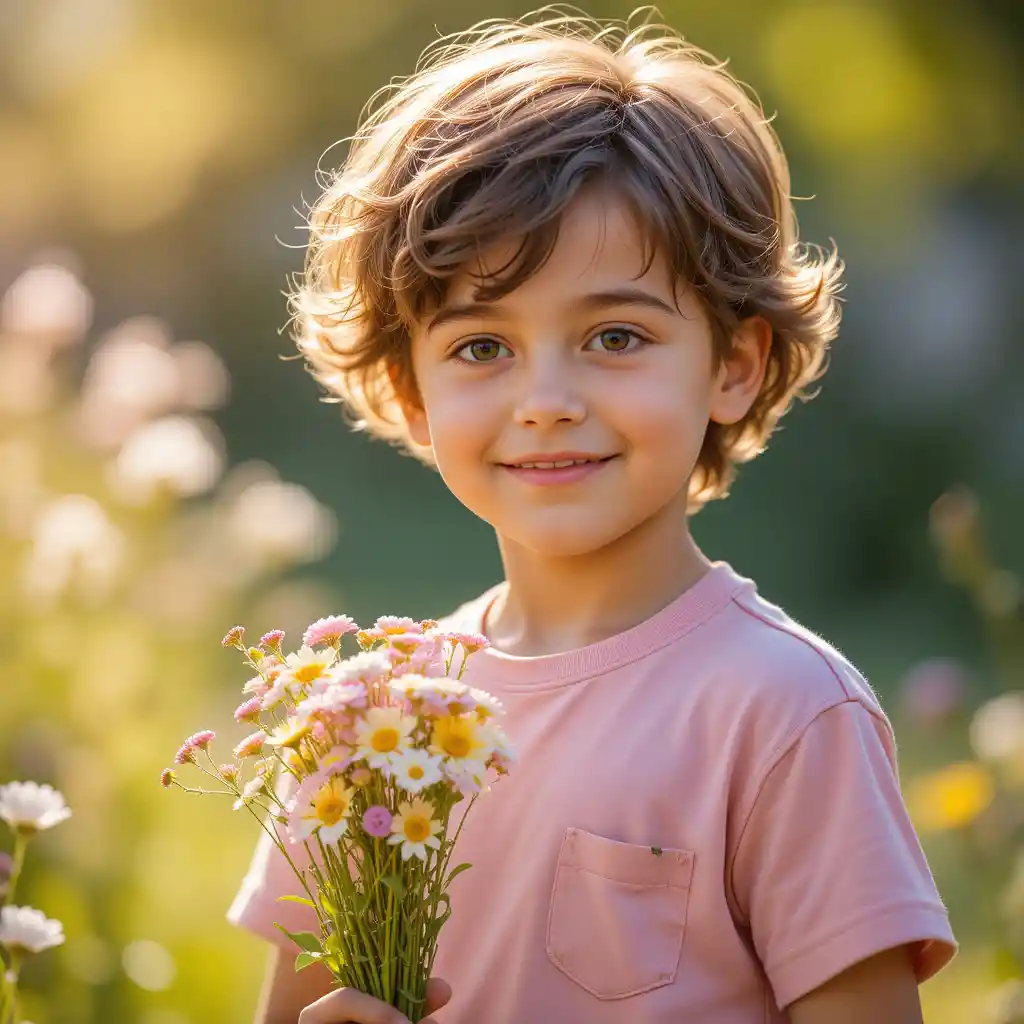 Young boy with wildflowers in a sunlit garden portrait