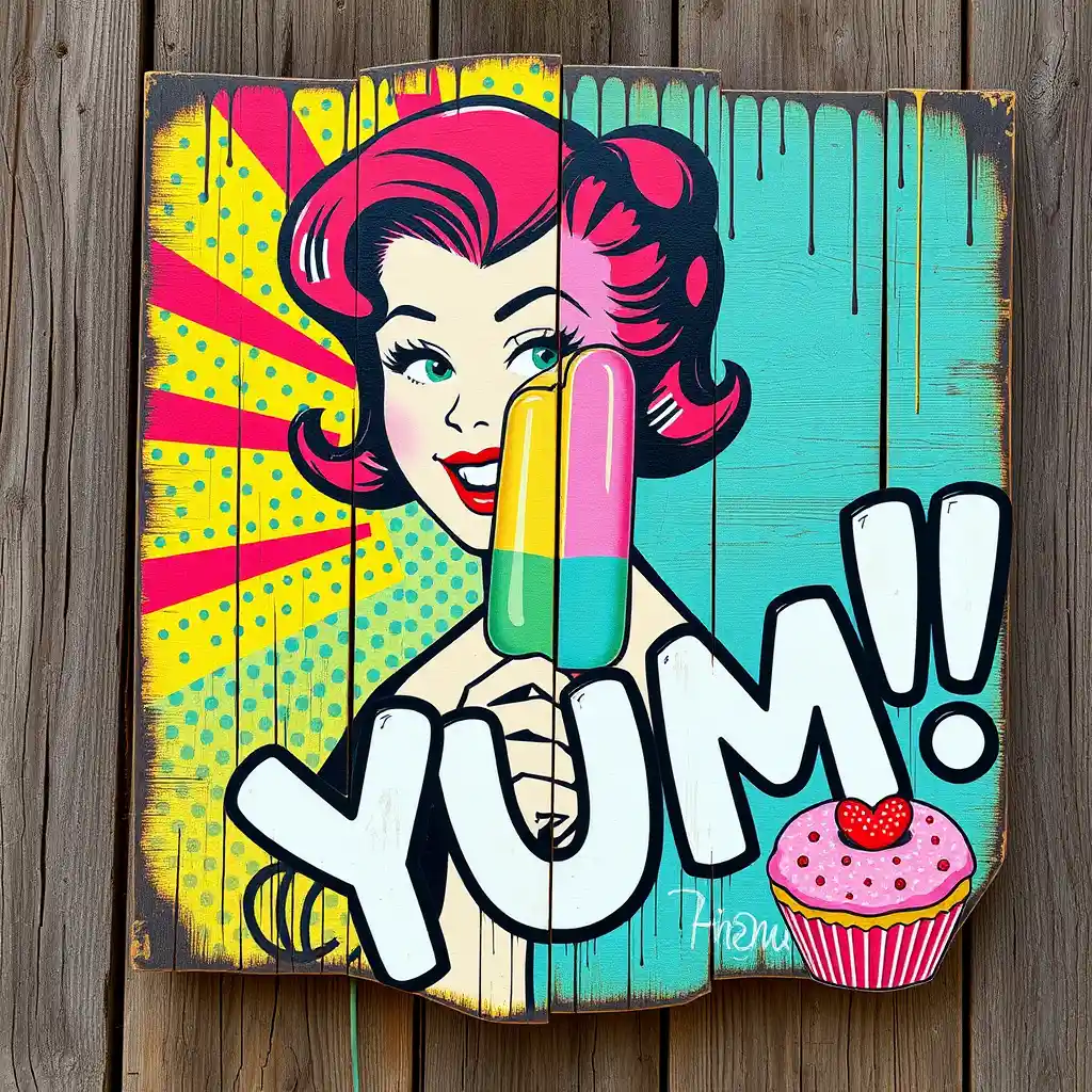 Colorful pop art pin up girl with sweet desserts