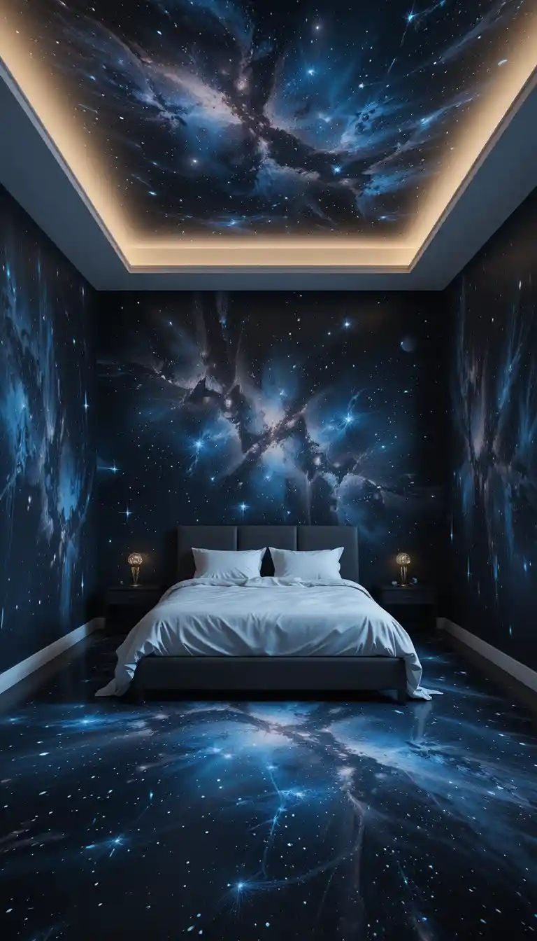 Dark bedroom interior painted to resemble the starry universe