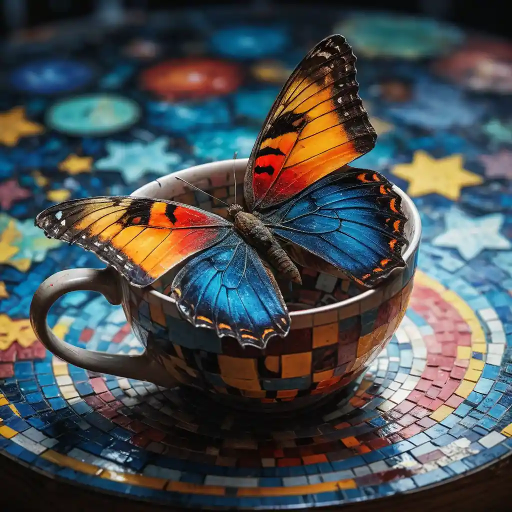 Butterfly emerging from colorful mosaic patterns and shapes