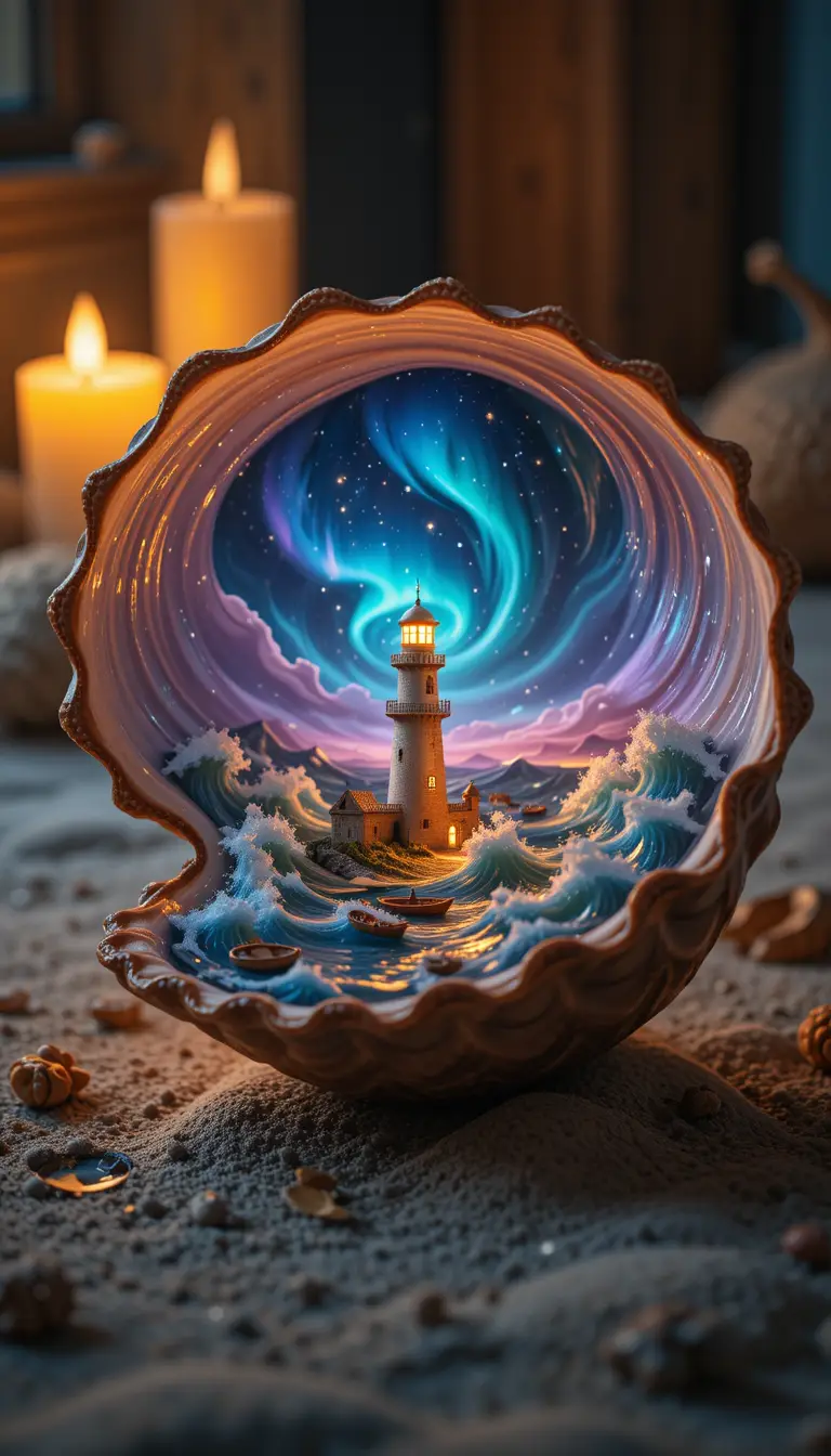 Glowing Seashell With Lighthouse And Tiny Ocean Inside