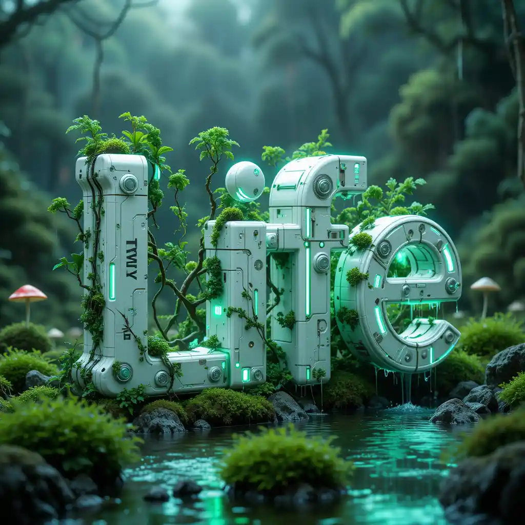 Futuristic 3D Robotic Life Text With Water And Nature
