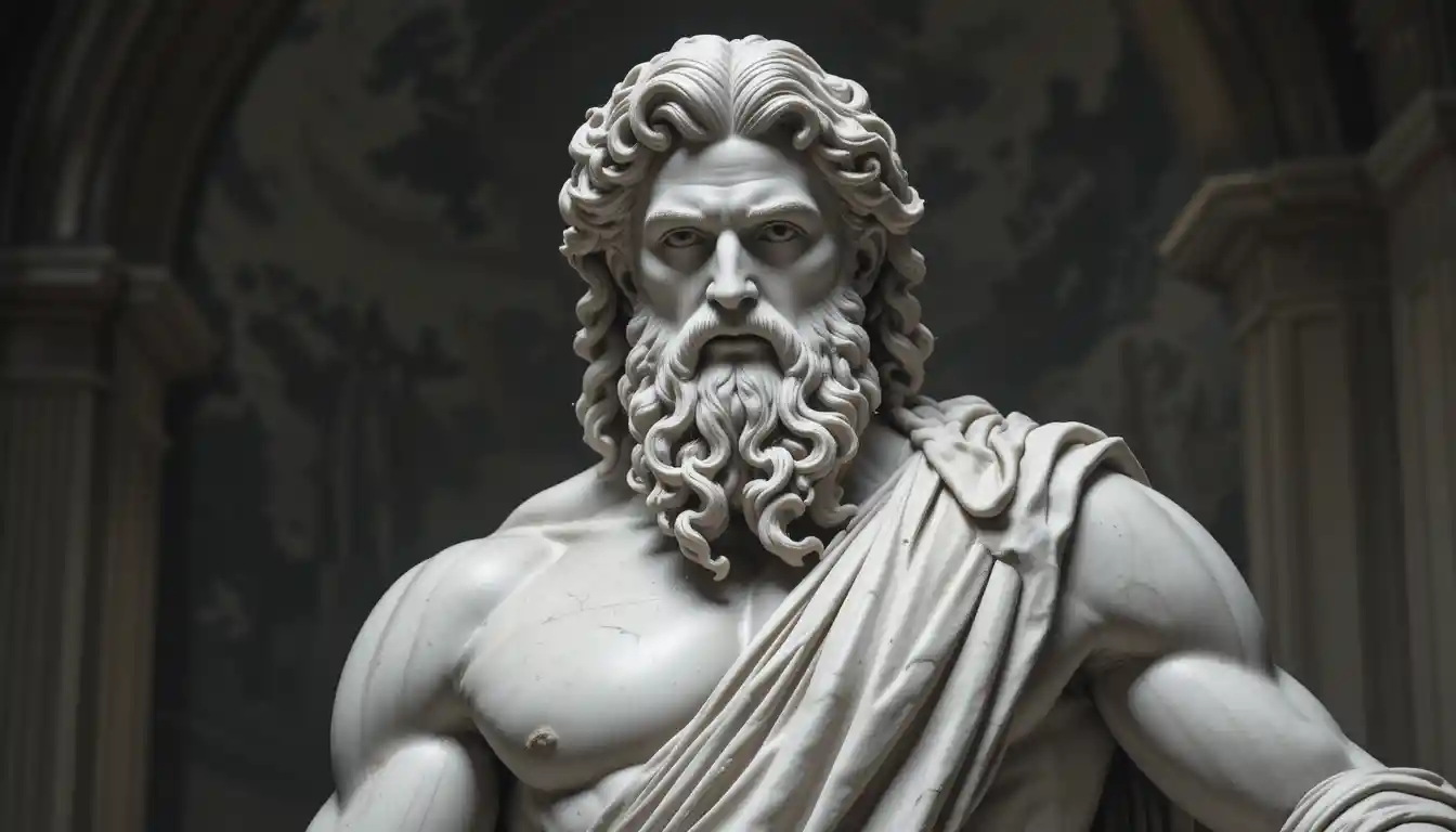 Regal marble statue of a bearded mythic male figure