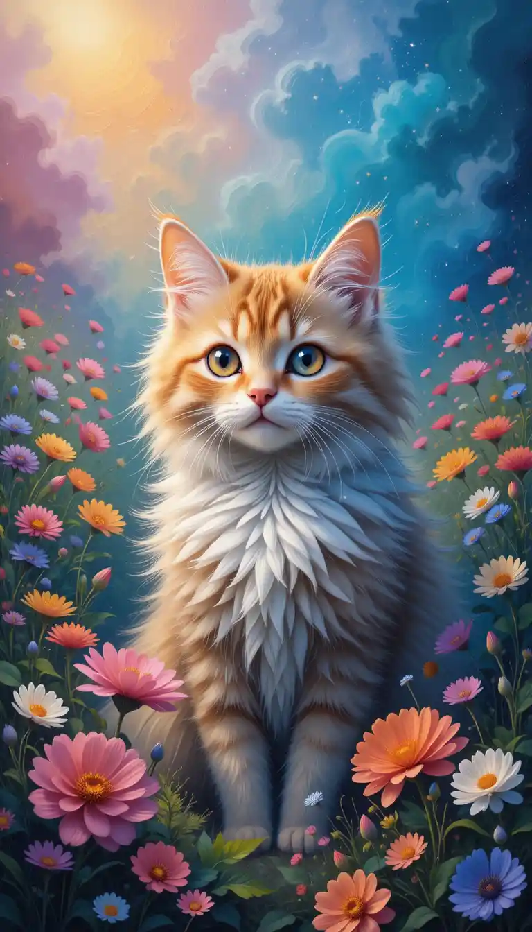 Fluffy cat in a rainbow meadow oil painting scene