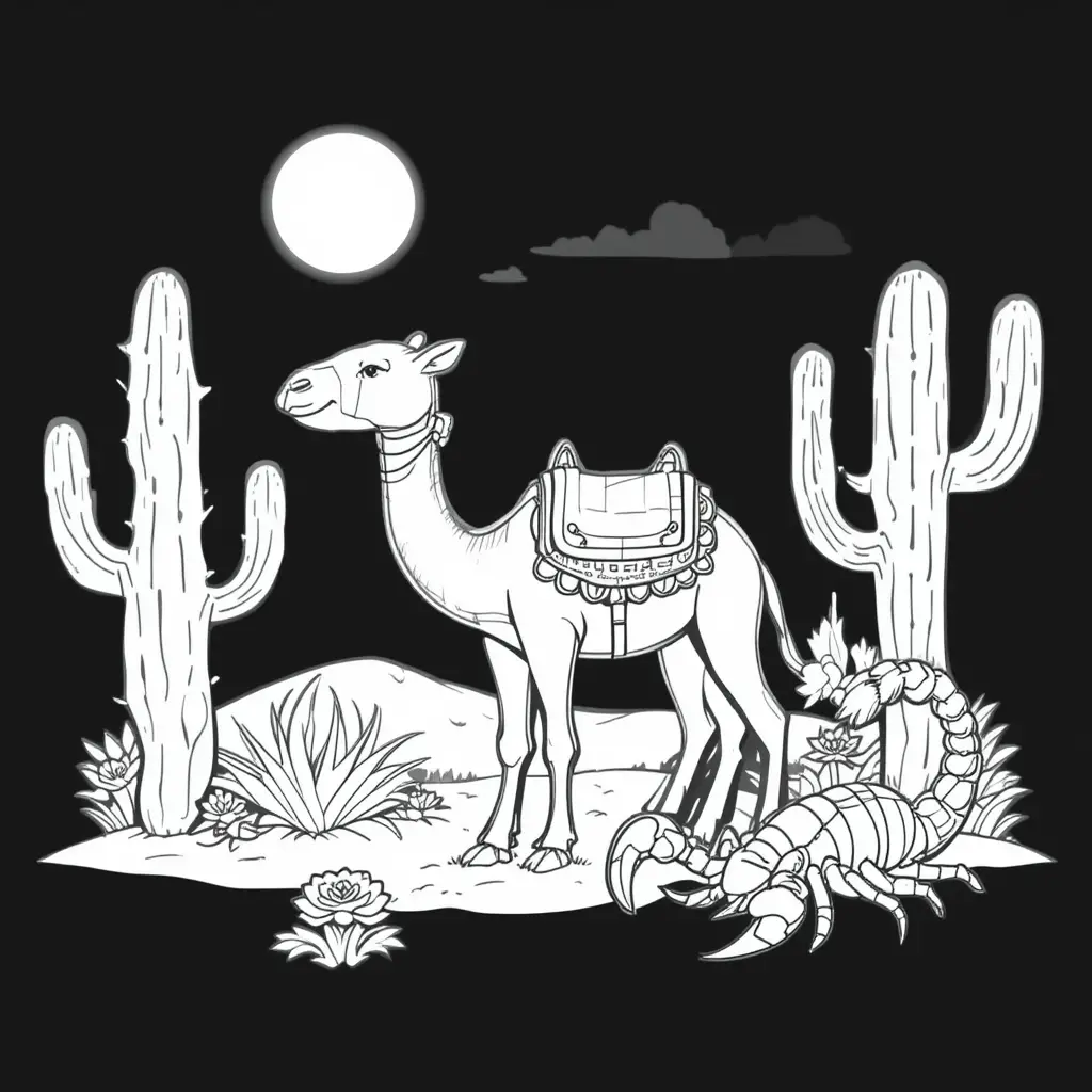 Camel cactus and scorpion desert coloring page scene