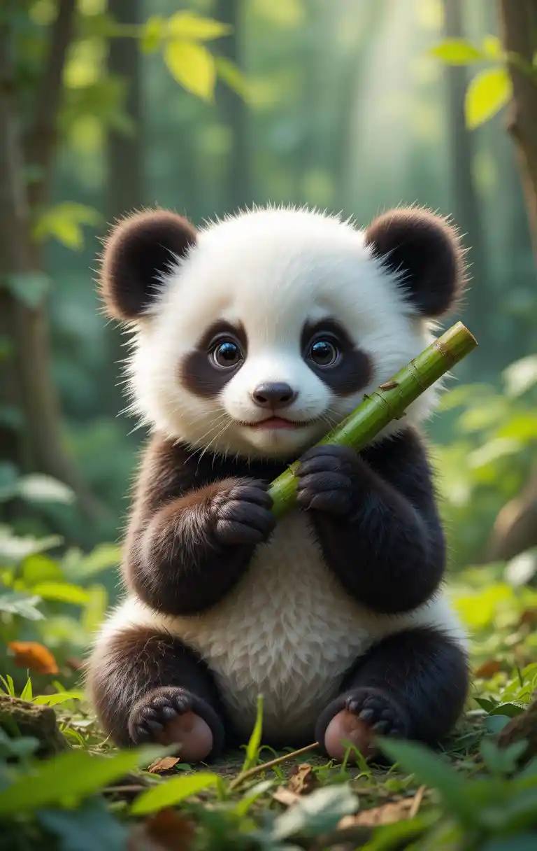 Adorable baby panda eating bamboo in a sunlit forest