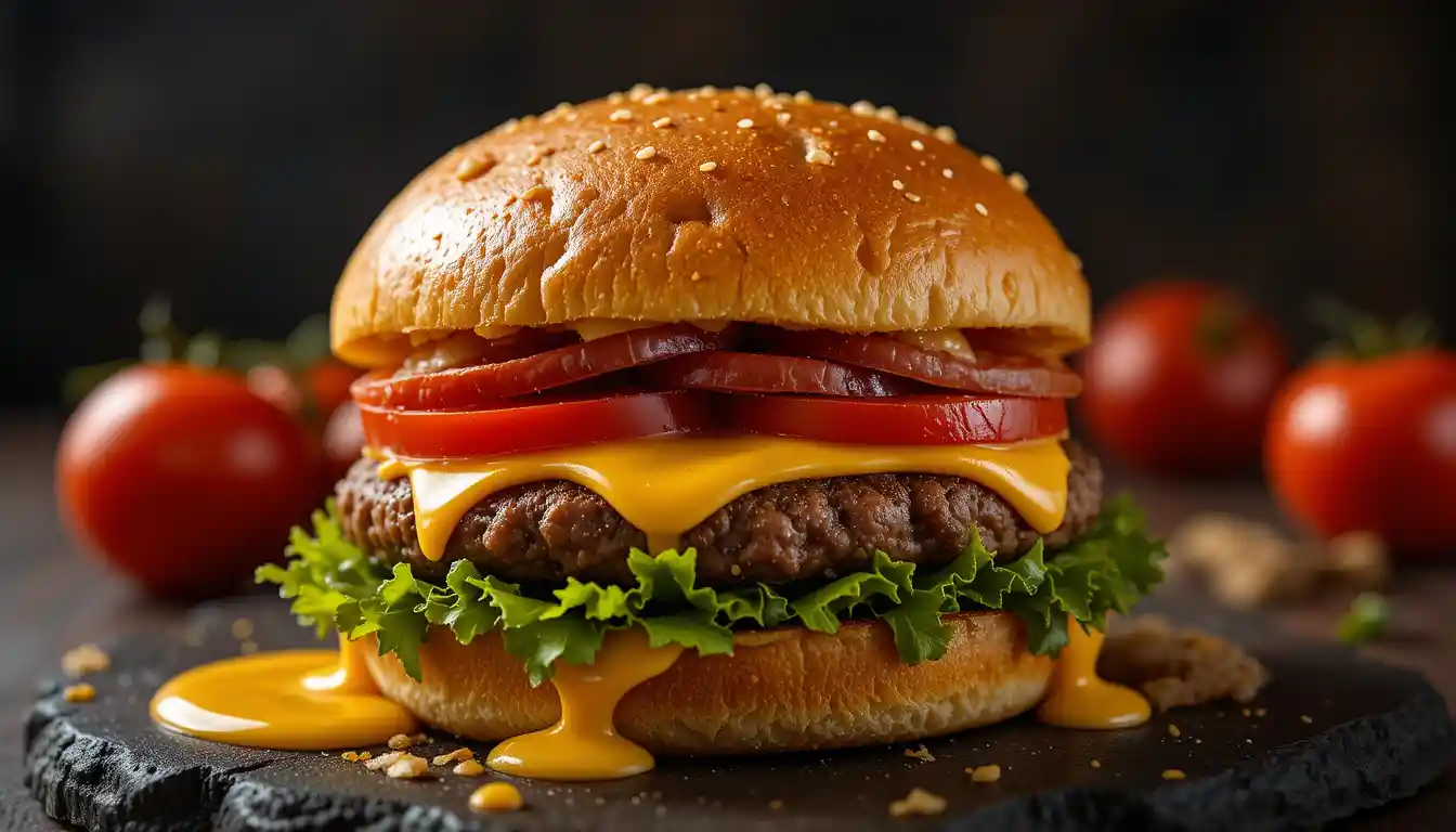 Melting cheeseburger close up on dark black background