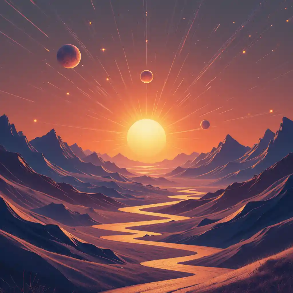 Minimalist cosmic landscape of evolving abstract geometric forms